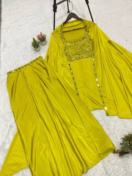 Unique Lime Yellow French Crepe Skirt Set with Embroidered Blouse and Long Shrug Ready To Wear Collection