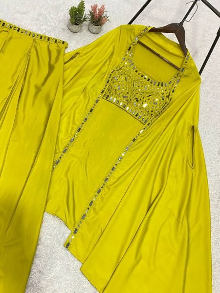 Unique Lime Yellow French Crepe Skirt Set with Embroidered Blouse and Long Shrug Ready To Wear Collection