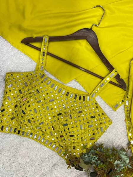 Unique Lime Yellow French Crepe Skirt Set with Embroidered Blouse and Long Shrug Ready To Wear Collection