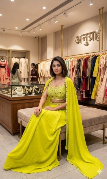 Unique Lime Yellow French Crepe Skirt Set with Embroidered Blouse and Long Shrug Ready To Wear Collection
