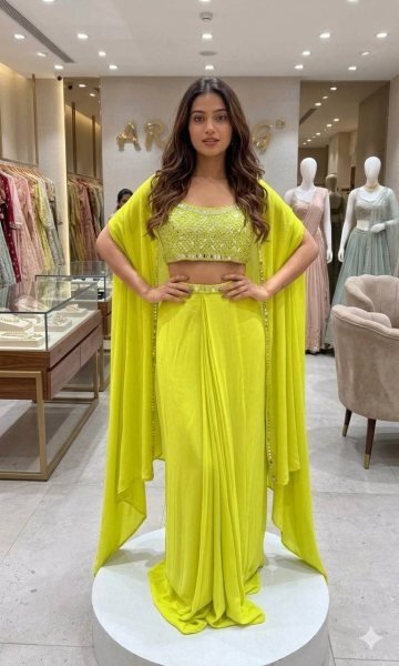 Unique Lime Yellow French Crepe Skirt Set with Embroidered Blouse and Long Shrug Ready To Wear Collection