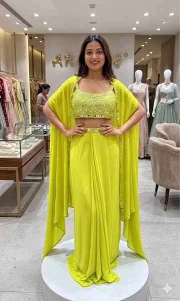 Unique Lime Yellow French Crepe Skirt Set with Embroidered Blouse and Long Shrug Ready To Wear Collection