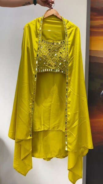 Unique Lime Yellow French Crepe Skirt Set with Embroidered Blouse and Long Shrug Ready To Wear Collection