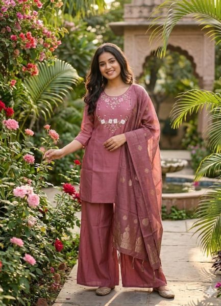 Unique Mal Chanderi Short Top Set with Roman Silk Palazzo and Muslin Dupatta best for weddings  Salwar Kameez