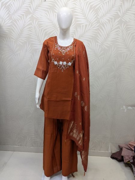 Real Handwork for a Graceful ethnic look Short Top Palazzo Set with duptta for best rate  3 Piece Kurti Set