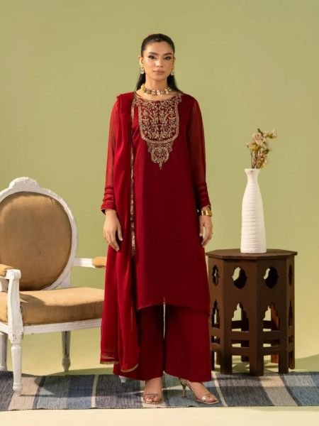 Unique Maoon Heavy Georgette Silk 3 Piece Kurti Set with Sequins and Beads Work Kurtis