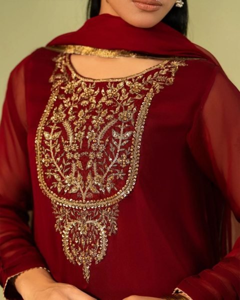 Unique Maoon Heavy Georgette Silk 3 Piece Kurti Set with Sequins and Beads Work Georgette Kurti 