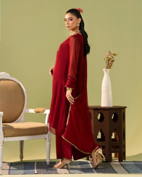 Unique Maoon Heavy Georgette Silk 3 Piece Kurti Set with Sequins and Beads Work Georgette Kurti 