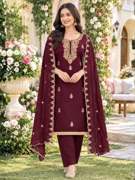 Unique Maroon Georgette Multi Work Suit with Santoon Bottom and Inner 