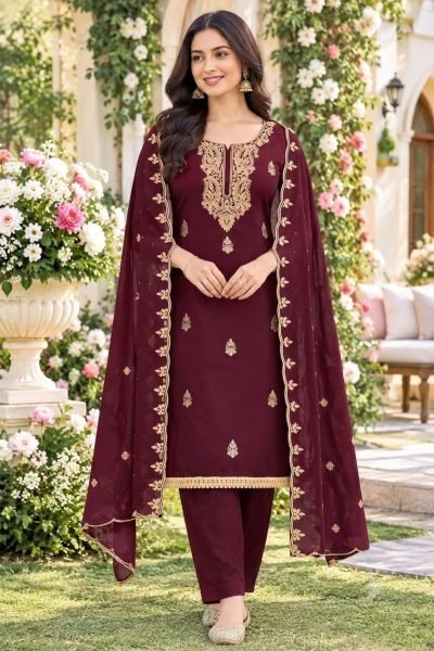 Unique Maroon Georgette Multi Work Suit with Santoon Bottom and Inner Color Set Matching Dress Material Wholesale