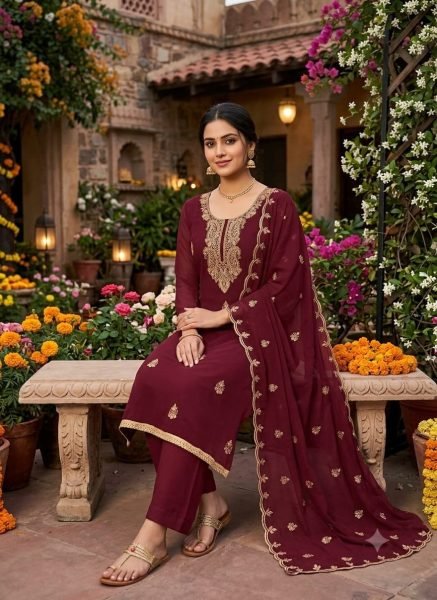 Unique Maroon Georgette Multi Work Suit with Santoon Bottom and Inner Color Set Matching Dress Material Wholesale