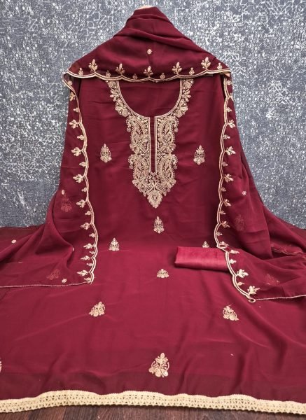 Unique Maroon Georgette Multi Work Suit with Santoon Bottom and Inner Color Set Matching Dress Material Wholesale