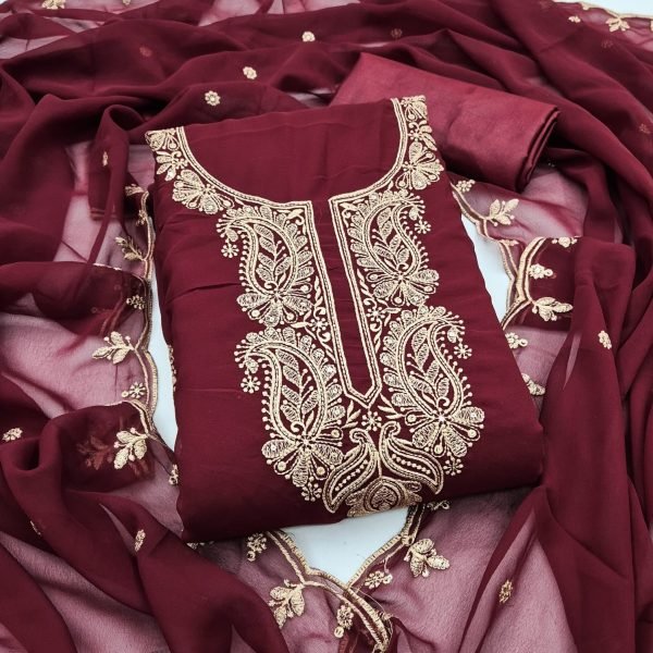 Unique Maroon Georgette Multi Work Suit with Santoon Bottom and Inner Color Set Matching Dress Material Wholesale