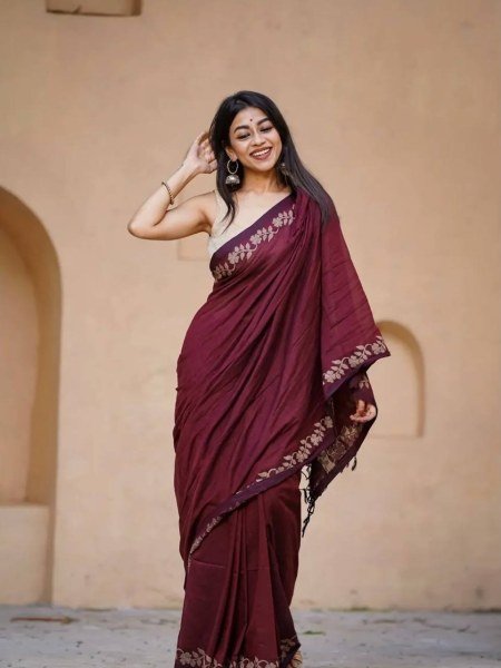Unique Maroon Linen Cotton Saree Collection at Manufacturer Price for Women Cotton Sarees Wholesale
