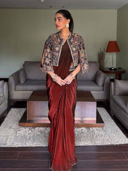 Unique Maroon Premium Chinon Silk Lehenga Saree with Embroidered Jacket Sarees 