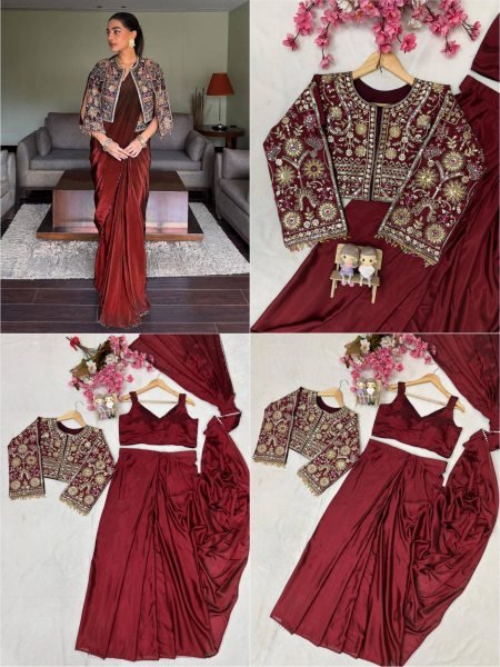 Unique Maroon Premium Chinon Silk Lehenga Saree with Embroidered Jacket Ready To Wear Saree 