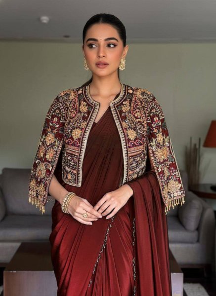 Unique Maroon Premium Chinon Silk Lehenga Saree with Embroidered Jacket Ready To Wear Saree 
