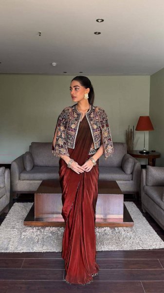 Unique Maroon Premium Chinon Silk Lehenga Saree with Embroidered Jacket Ready To Wear Saree 