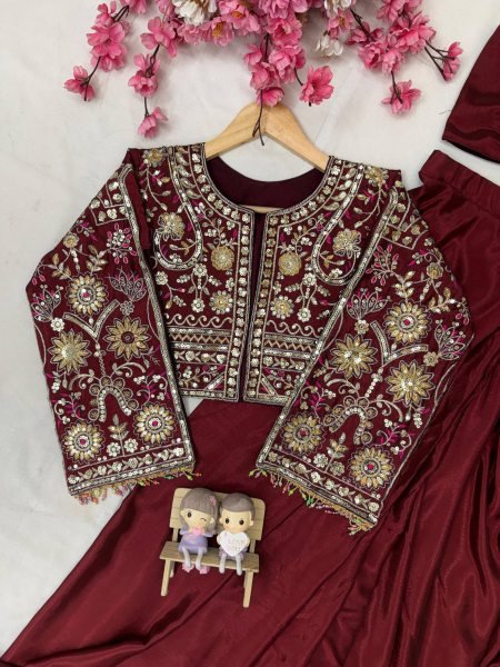 Unique Maroon Premium Chinon Silk Lehenga Saree with Embroidered Jacket Ready To Wear Saree 