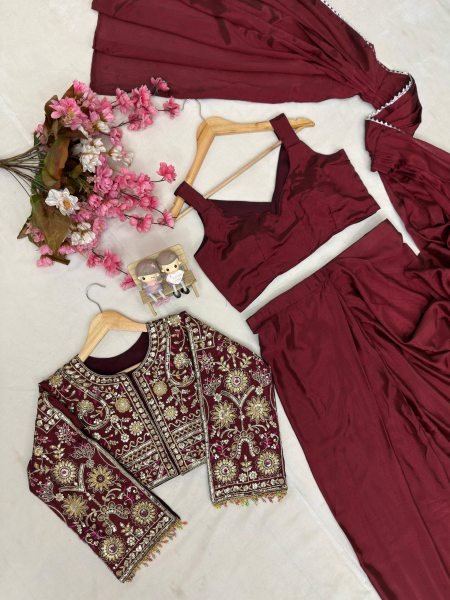 Unique Maroon Premium Chinon Silk Lehenga Saree with Embroidered Jacket Ready To Wear Saree 