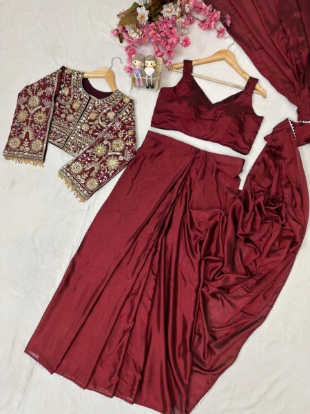 Unique Maroon Premium Chinon Silk Lehenga Saree with Embroidered Jacket Ready To Wear Saree 