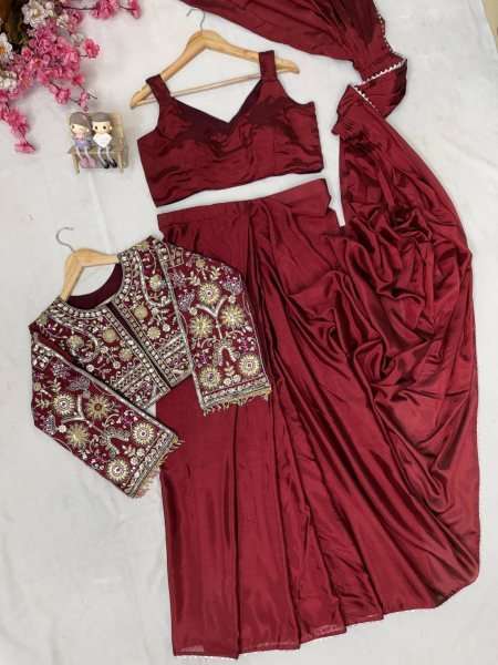 Unique Maroon Premium Chinon Silk Lehenga Saree with Embroidered Jacket Ready To Wear Saree 