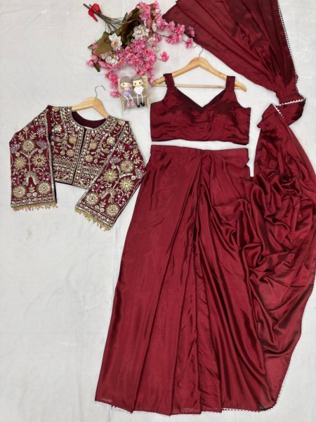 Unique Maroon Premium Chinon Silk Lehenga Saree with Embroidered Jacket Ready To Wear Saree 