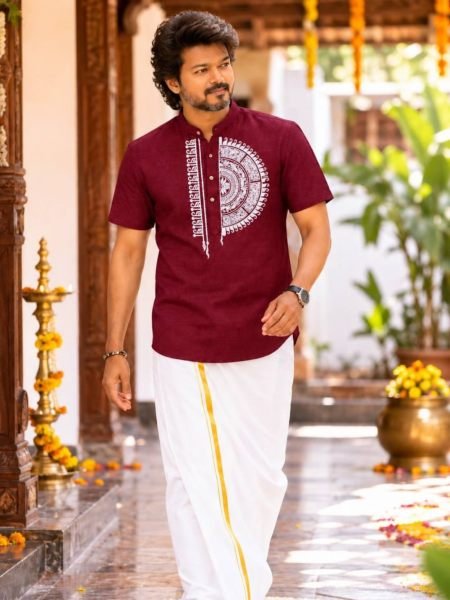 Unique Maroon Traditional Men's Soft Magic Cotton Printed Jippa and Dhoti For South Indian Festival Mens Wear