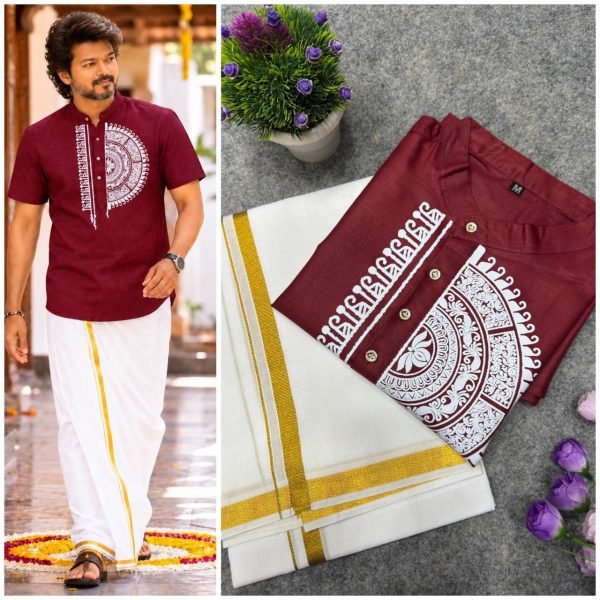 Unique Maroon Traditional Men's Soft Magic Cotton Printed Jippa and Dhoti For South Indian Festival Mens Shirt