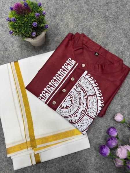 Unique Maroon Traditional Men's Soft Magic Cotton Printed Jippa and Dhoti For South Indian Festival Mens Shirt