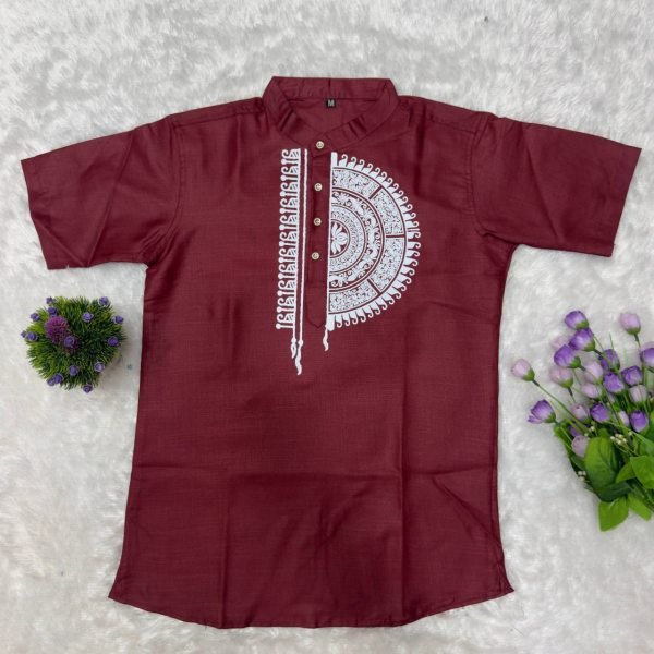 Unique Maroon Traditional Men's Soft Magic Cotton Printed Jippa and Dhoti For South Indian Festival Mens Shirt