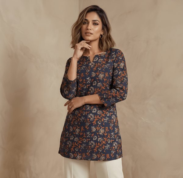 Unique Navy Blue Cotton Tunic With Printed Design For Women Daily Wear Western Ladies Top Wholesale