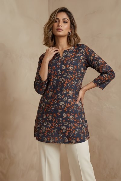 Unique Navy Blue Cotton Tunic With Printed Design For Women Daily Wear Western Ladies Top Wholesale
