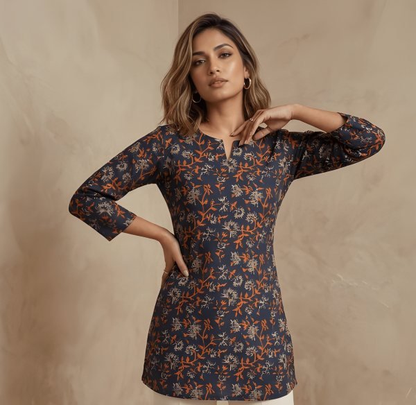 Unique Navy Blue Cotton Tunic With Printed Design For Women Daily Wear Western Ladies Top Wholesale