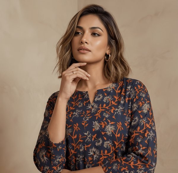 Unique Navy Blue Cotton Tunic With Printed Design For Women Daily Wear Western Ladies Top Wholesale