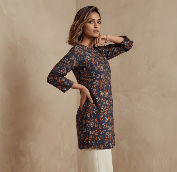 Unique Navy Blue Cotton Tunic With Printed Design For Women Daily Wear Western Ladies Top Wholesale