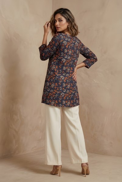 Unique Navy Blue Cotton Tunic With Printed Design For Women Daily Wear Western Ladies Top Wholesale
