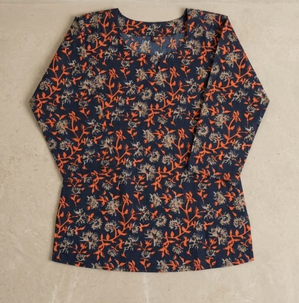 Unique Navy Blue Cotton Tunic With Printed Design For Women Daily Wear Western Ladies Top Wholesale