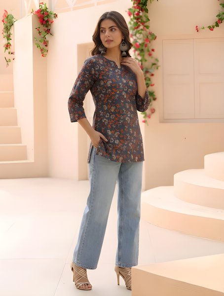 Unique Navy Blue Cotton Tunic With Printed Design For Women Daily Wear Western Ladies Top Wholesale