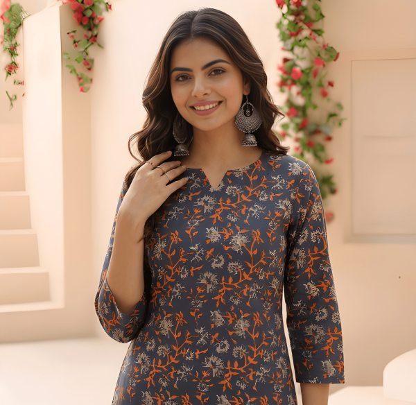Unique Navy Blue Cotton Tunic With Printed Design For Women Daily Wear Western Ladies Top Wholesale