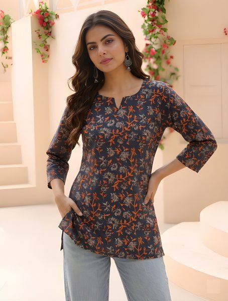 Unique Navy Blue Cotton Tunic With Printed Design For Women Daily Wear Western Ladies Top Wholesale