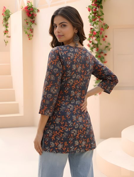 Unique Navy Blue Cotton Tunic With Printed Design For Women Daily Wear Western Ladies Top Wholesale