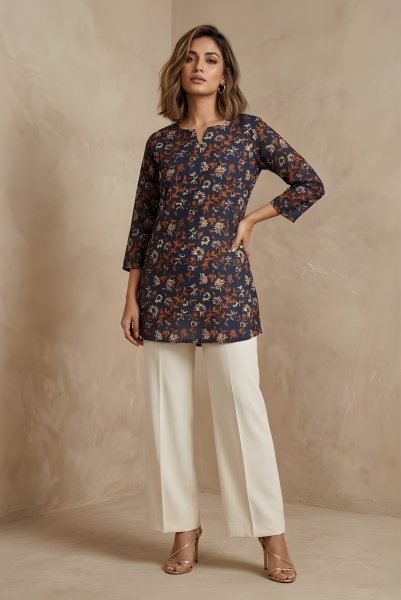 Unique Navy Blue Cotton Tunic With Printed Design For Women Daily Wear Western Ladies Top Wholesale