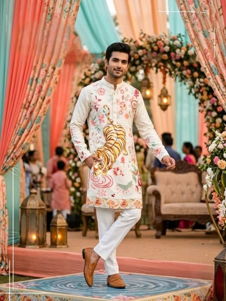 Unique Off White Wedding Function Cotton Kurta for Men with Embroidered Crochet Work 