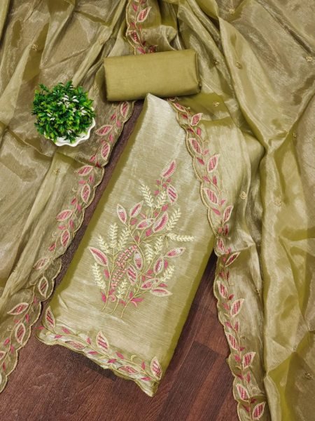 Unique Olive Green Color Barbrik silk Dress Material with Dupatta and Bottom