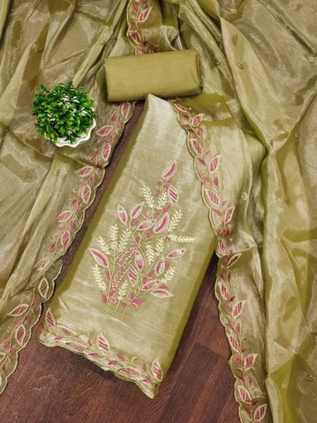 Unique Olive Green Color Barbrik silk Dress Material with Dupatta and Bottom Color Set Matching Dress Material Wholesale