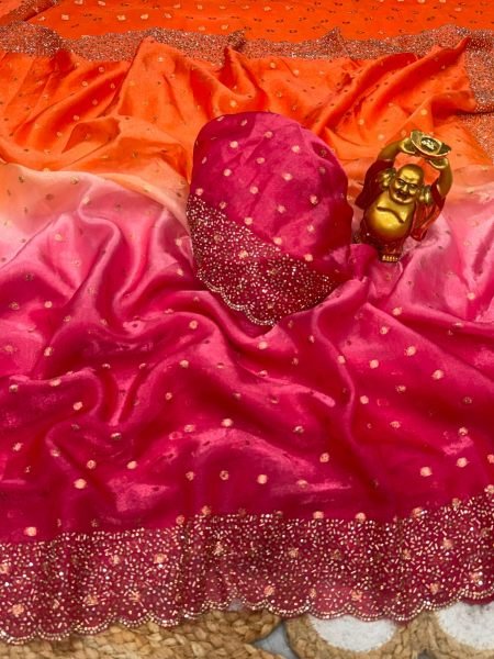 Unique Orange Jarkhan Work Space Silk Saree with Unstitch Blouse at Factory Price 