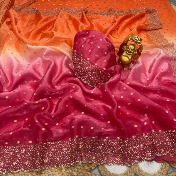 Unique Orange Jarkhan Work Space Silk Saree with Unstitch Blouse at Factory Price Designer Wedding Sarees Wholesale