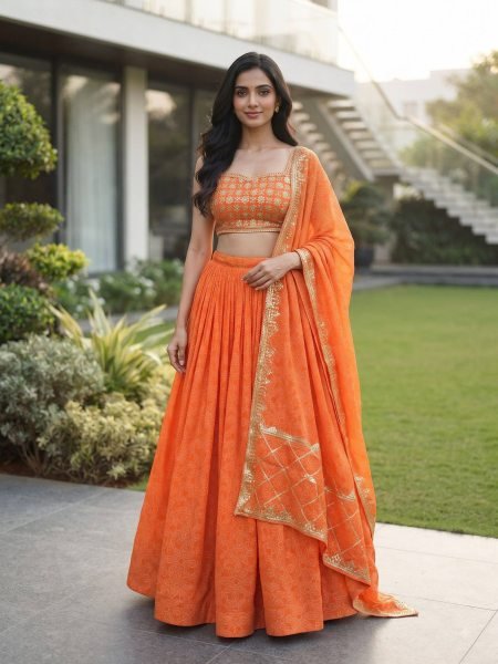Unique Orange Navratri 2026 Printed Faux Georgette Lehenga Choli At Wholesale Rate  Lehenga