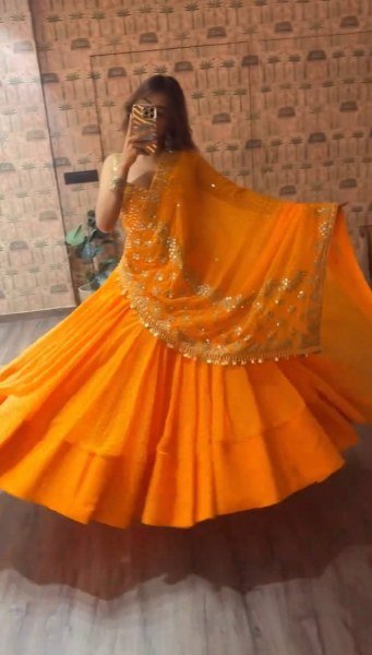 Unique Orange Navratri 2026 Printed Faux Georgette Lehenga Choli At Wholesale Rate Navratri Lehnega Choli